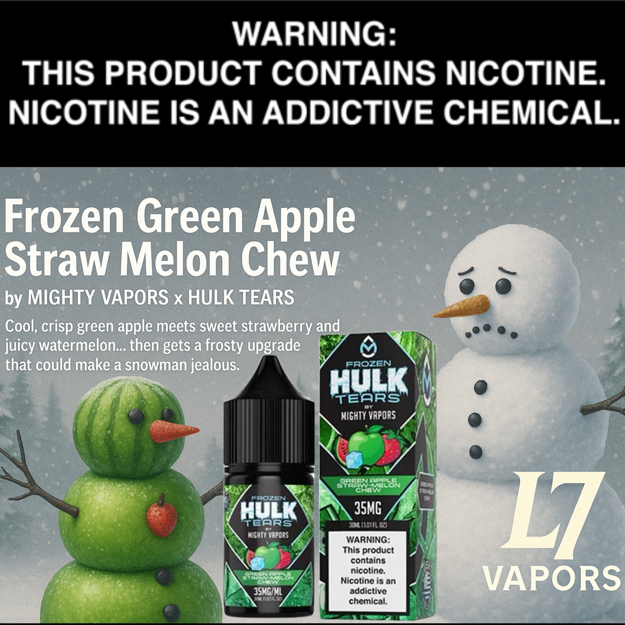 Mighty Vapors x Hulk Tears Salts Frozen Green Apple Straw Melon Chew 30ml Bottle